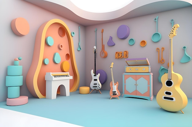 A room with a guitar, a guitar, a guitar, and a guitar on the wall.