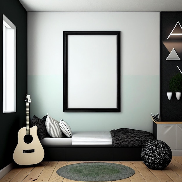 A room with a guitar on the wall and a framed picture on the wall.