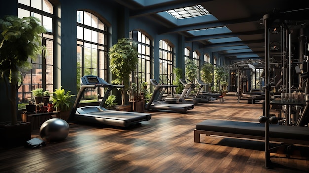 a room with a gym and a lounge chair with a skylight above it