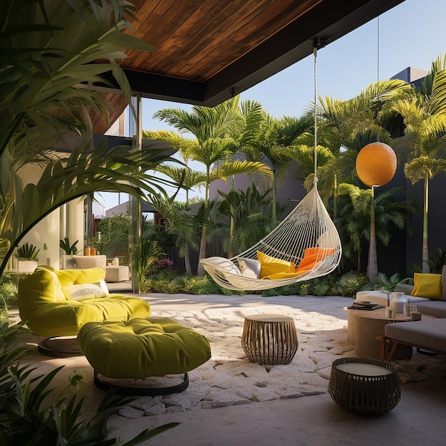 Photo a room with a hammock and a wicker chair