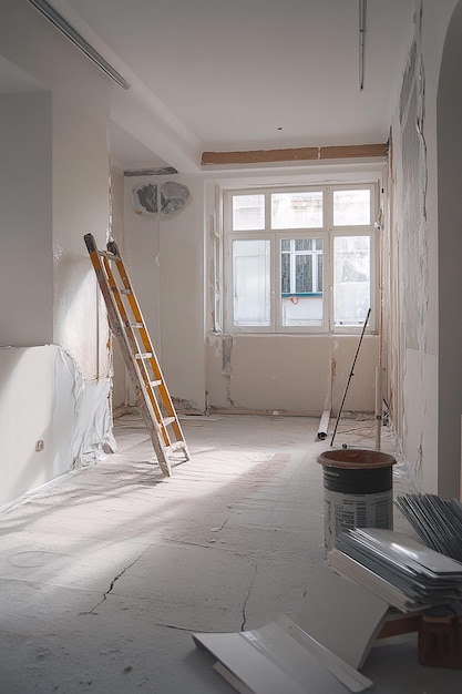 a room with a ladder and a clock on the wall