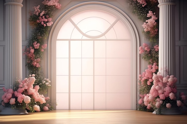 A room with a large arch with window and pink flower ai generated