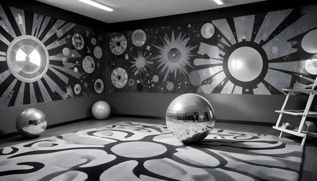 Photo a room with a large ball and sunflowers on the wall