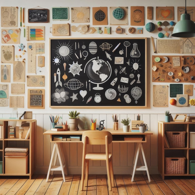 Photo a room with a large blackboard that says quot earth quot on it