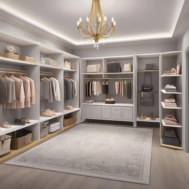 a room with a large closet with a chandelier hanging from the ceiling