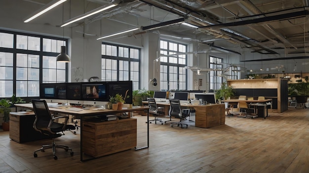 a room with a large desk and a large window that says no one