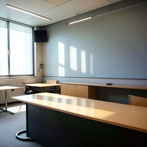 a room with a large desk and a speaker on the wall