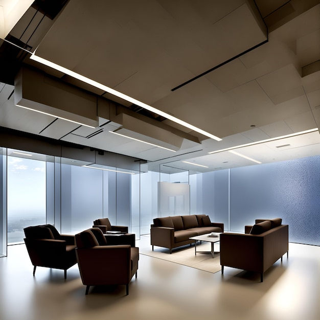 A room with a large glass wall and a row of chairs and a table with a sign that says word on it