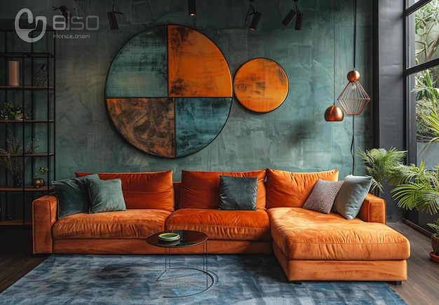 a room with a large orange and black circle on the wall