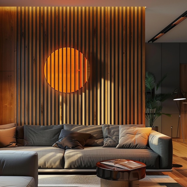 a room with a large orange circle on the wall and a large round orange circle on the wall