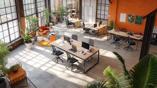 a room with a large orange wall with a green plant in the middle