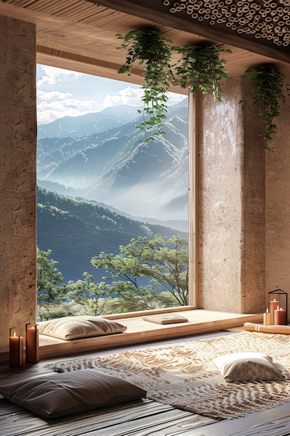 Room With Large Round Window Overlooking Mountains