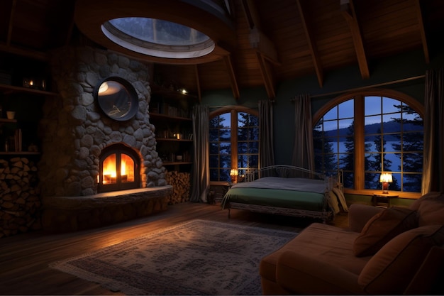 Room with a large round window with a fireplace