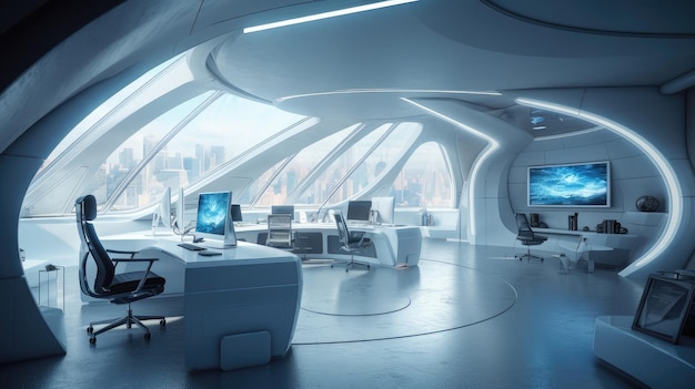 A room with a large white desk and a large white robot on the left side.