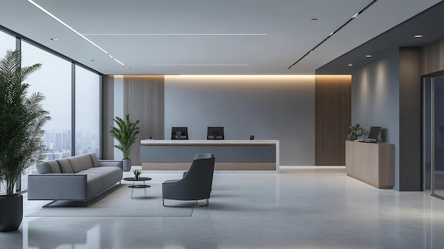 a room with a large white desk and a plant in the corner