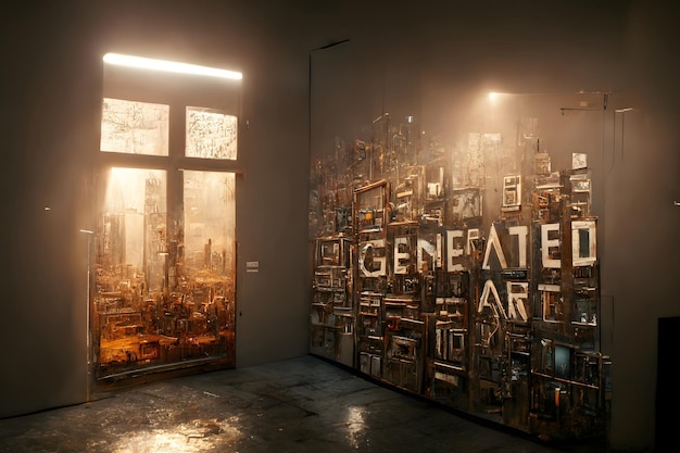 Room with large window and artistic wall with words generated art neural network generated art