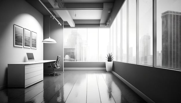 A room with a large window and a desk with a chair and a lamp.