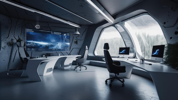 A room with a large window and a desk with a computer and a large monitor that says'space '