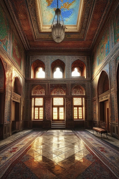 A room with a large window and a large carpet with the word love on it.