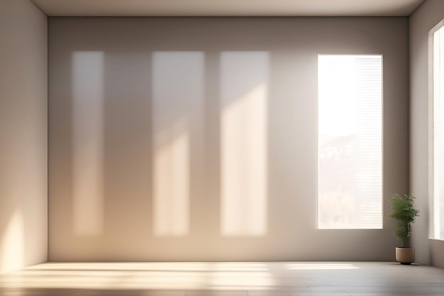 a room with a large window and a large window with the sun shining on the wall