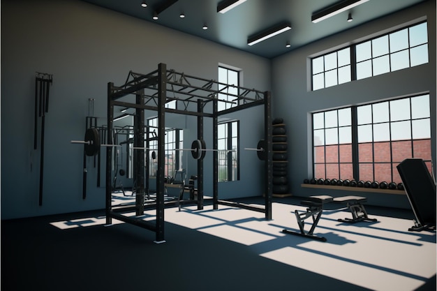 a room with a large window and a large window with the words " gym " on the wall.