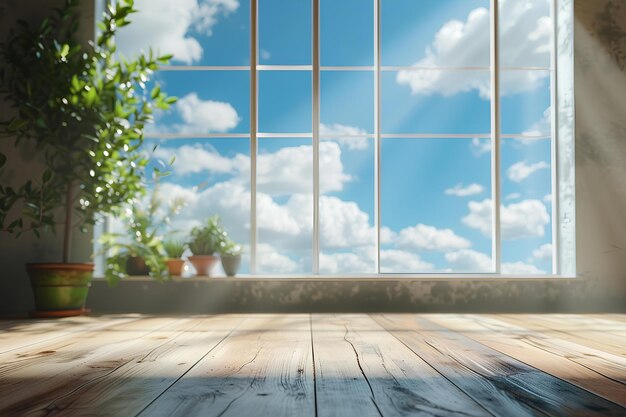 A room with a large window and a potted plant in the corner of the room with a sky background