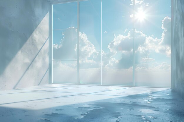 A room with a large window and a sky view of the clouds outside of it and a sun shining through the