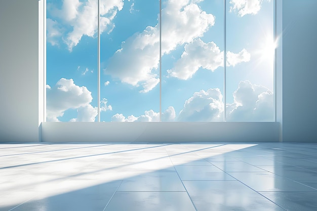 A room with a large window and a sky view of clouds in the window sill and a tiled floor sky