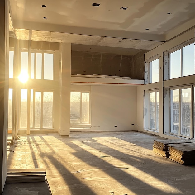 a room with a large window and a sun shining through the windows