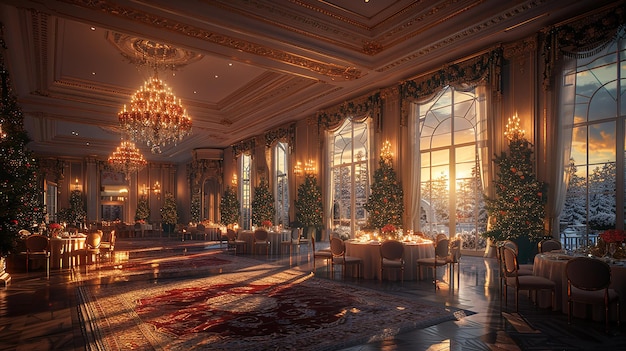 a room with a large window and a table with a chandelier and a chandelier