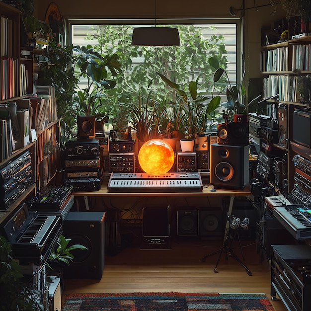 A room with a large window that has a large orange pumpkin on it