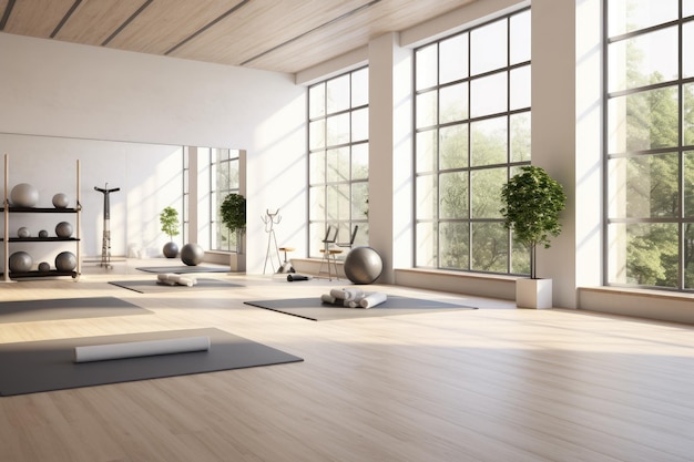 A room with a large window that has a large window that has a large window that says " yoga ".