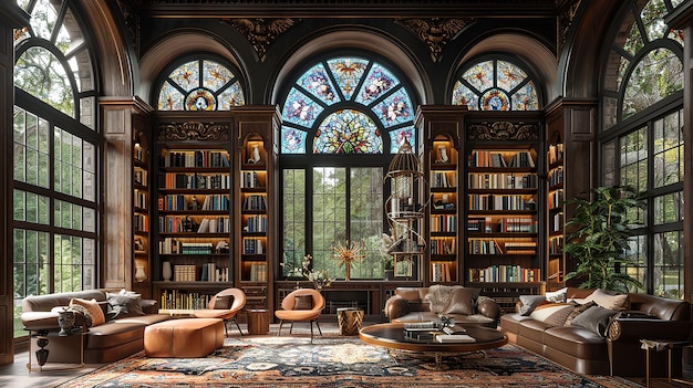 a room with a large window that has a large window that says the library