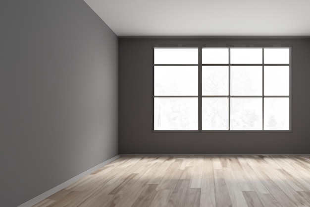 a room with a large window that has a light on it