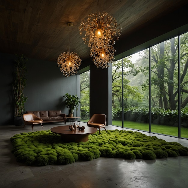 a room with a large window that has a lot of green grass on it