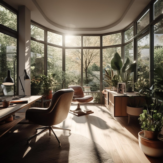 A room with a large window that has a lot of plants on it.