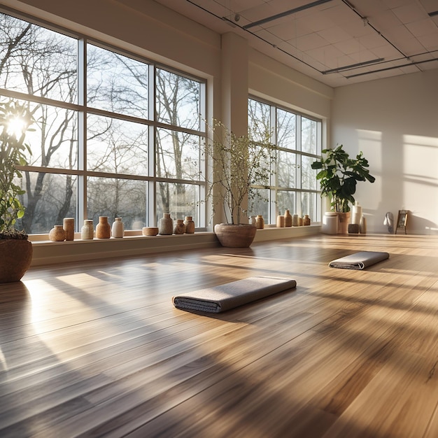 Photo a room with a large window that has a plant on it