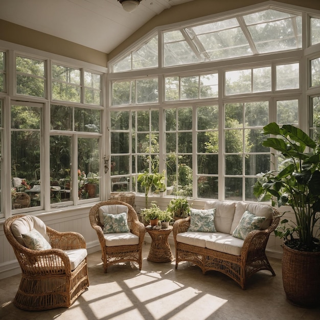 a room with a large window that has a plant in it