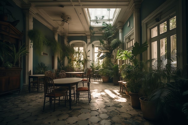 A room with a large window that has plants on it and a light on the ceiling.