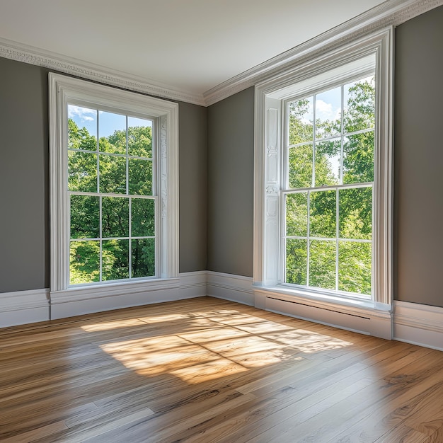 a room with a large window that has the sun shining through it