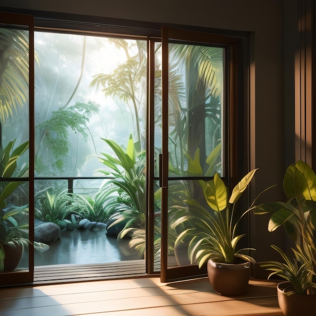 A room with a large window that has a view of a garden and plants.