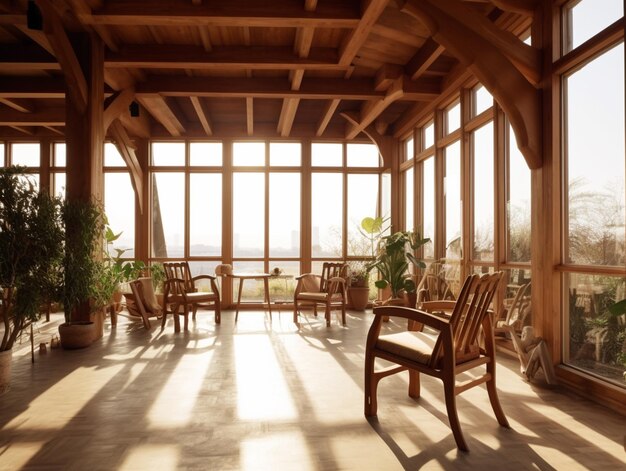 A room with a large window that has a view of the mountains.