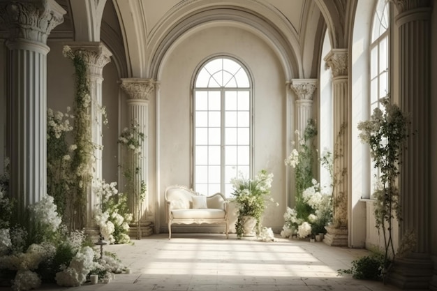 A room with a large window and a white couch with flowers on it.