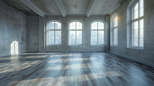 a room with a large window and a window with the sun shining through it