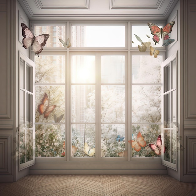 A room with a large window with butterflies on it.