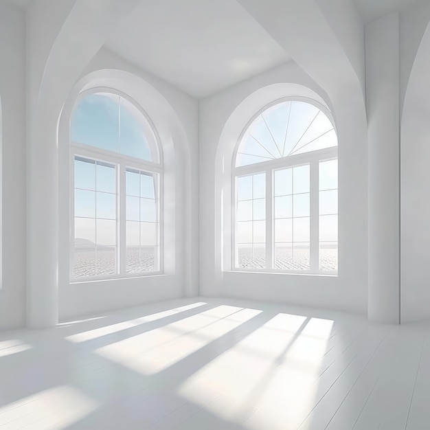 A room with large windows and a blue sky in the background.