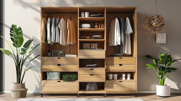 a room with a large wooden shelf with a bunch of clothes on it