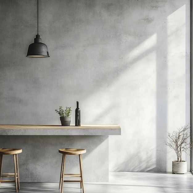 a room with a light and a table with stools and a lamp