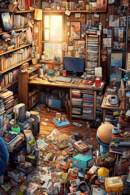 A room with a lot of books and a computer on the floor