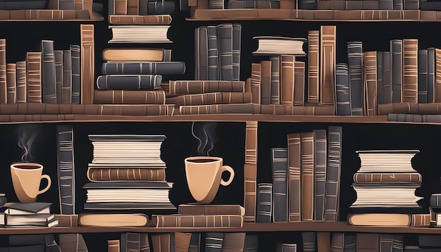 a room with a lot of books and a cup of coffee